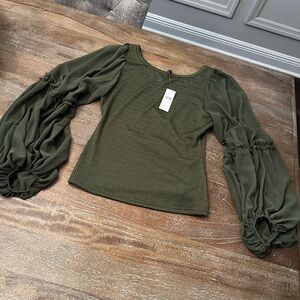 Anthropologie - Olive Green Blouse with Dramatic Sleeves